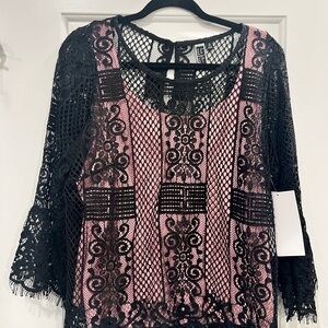 Nicole Miller Black Lace and Pink Blouse